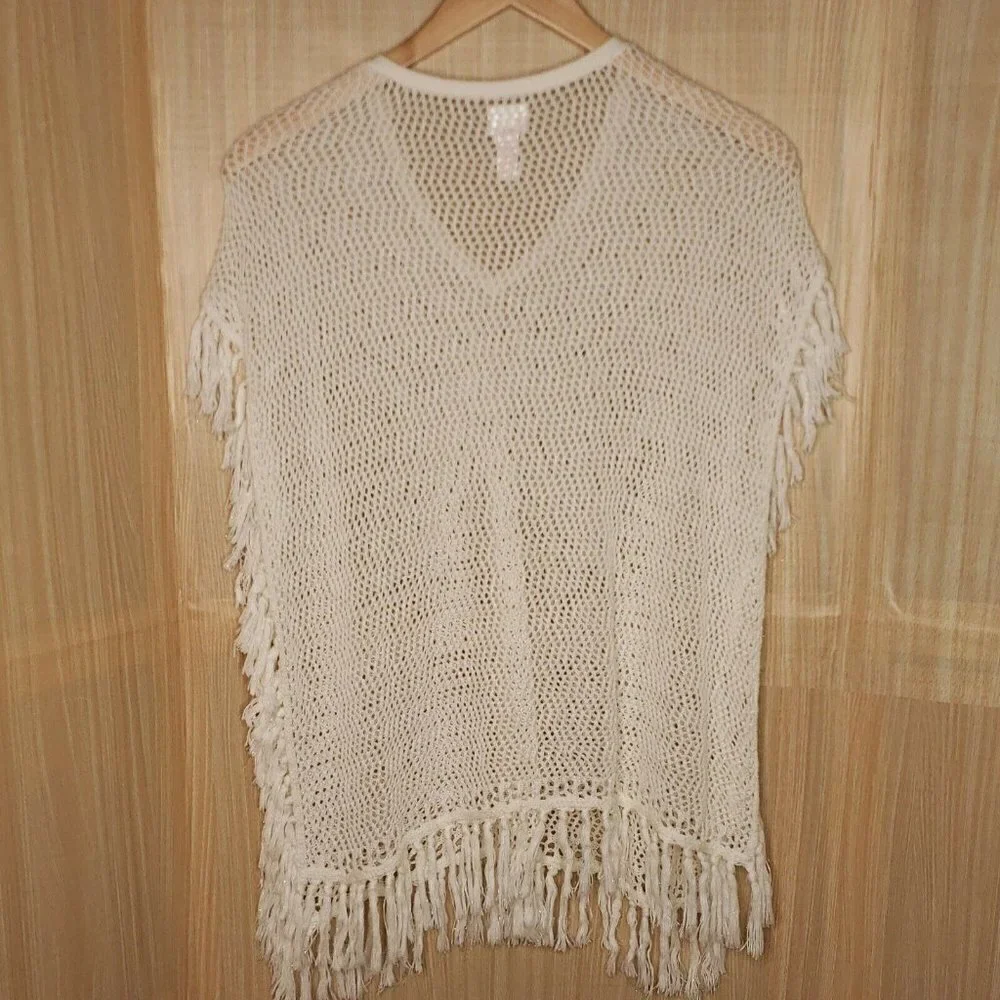 Justice White Fringe Open Knit Poncho 16-18